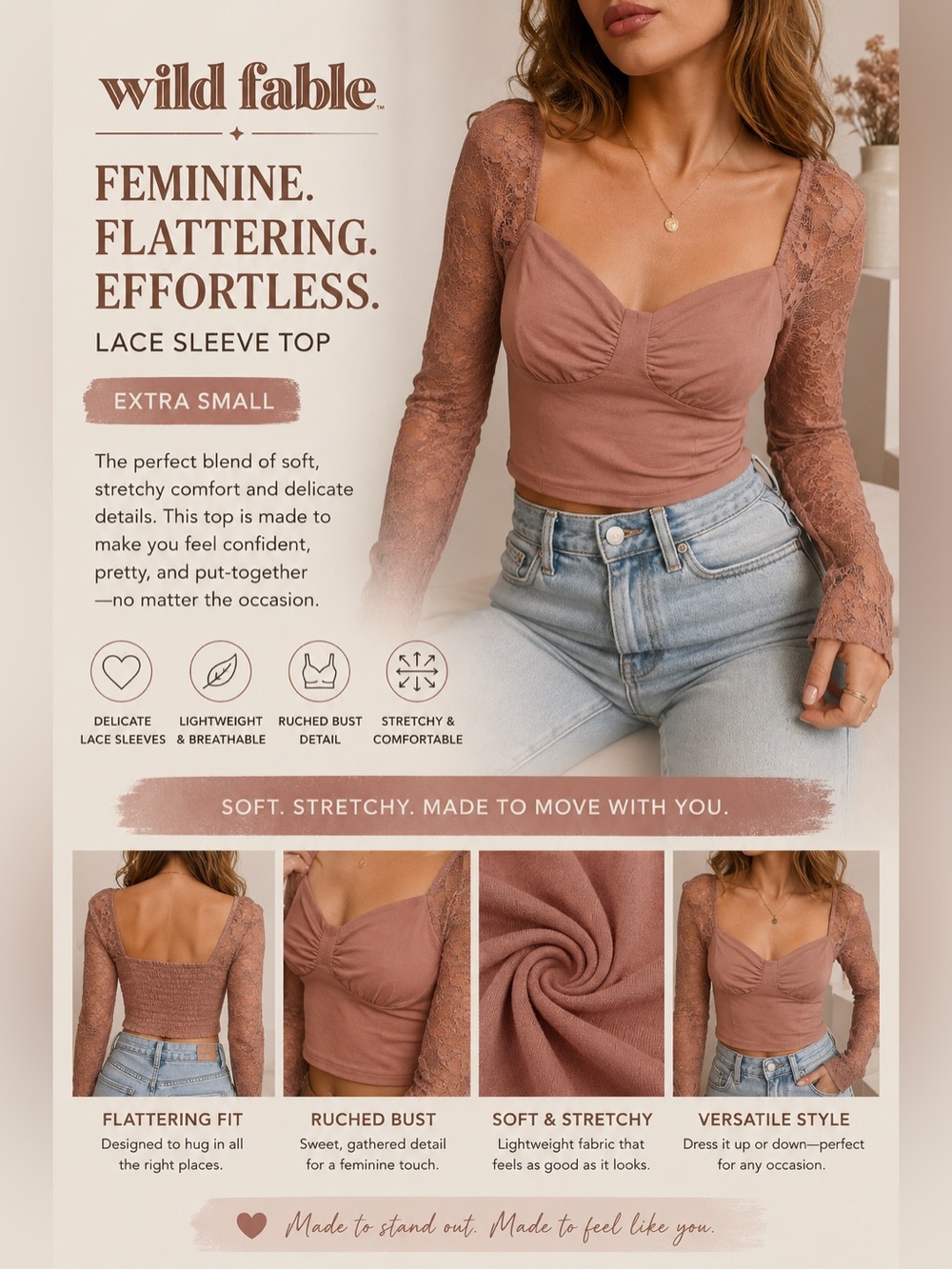 Wild Fable Mauve Lace Sleeve Ruched Bust Crop Top